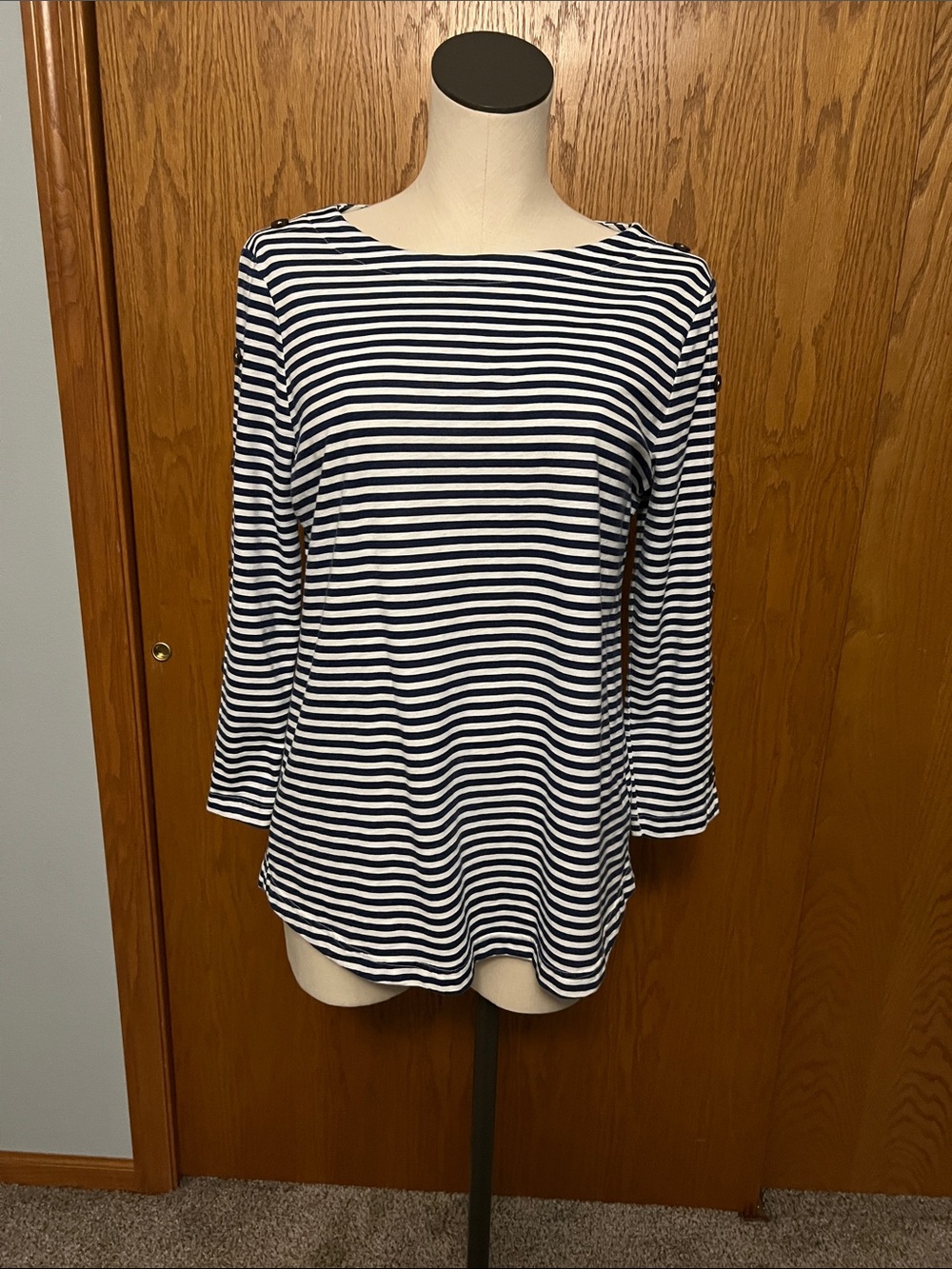 Women's Navy and White Striped Boatneck Top with 3/4 length sleeves